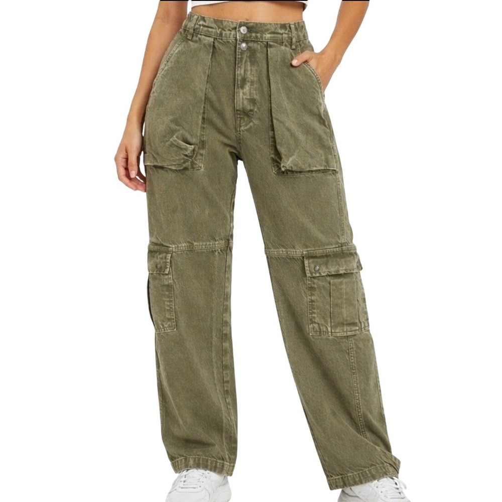 Free People We The Free Marx Slouchy Cargo Jeans Olive Green Size 28 Wide Leg